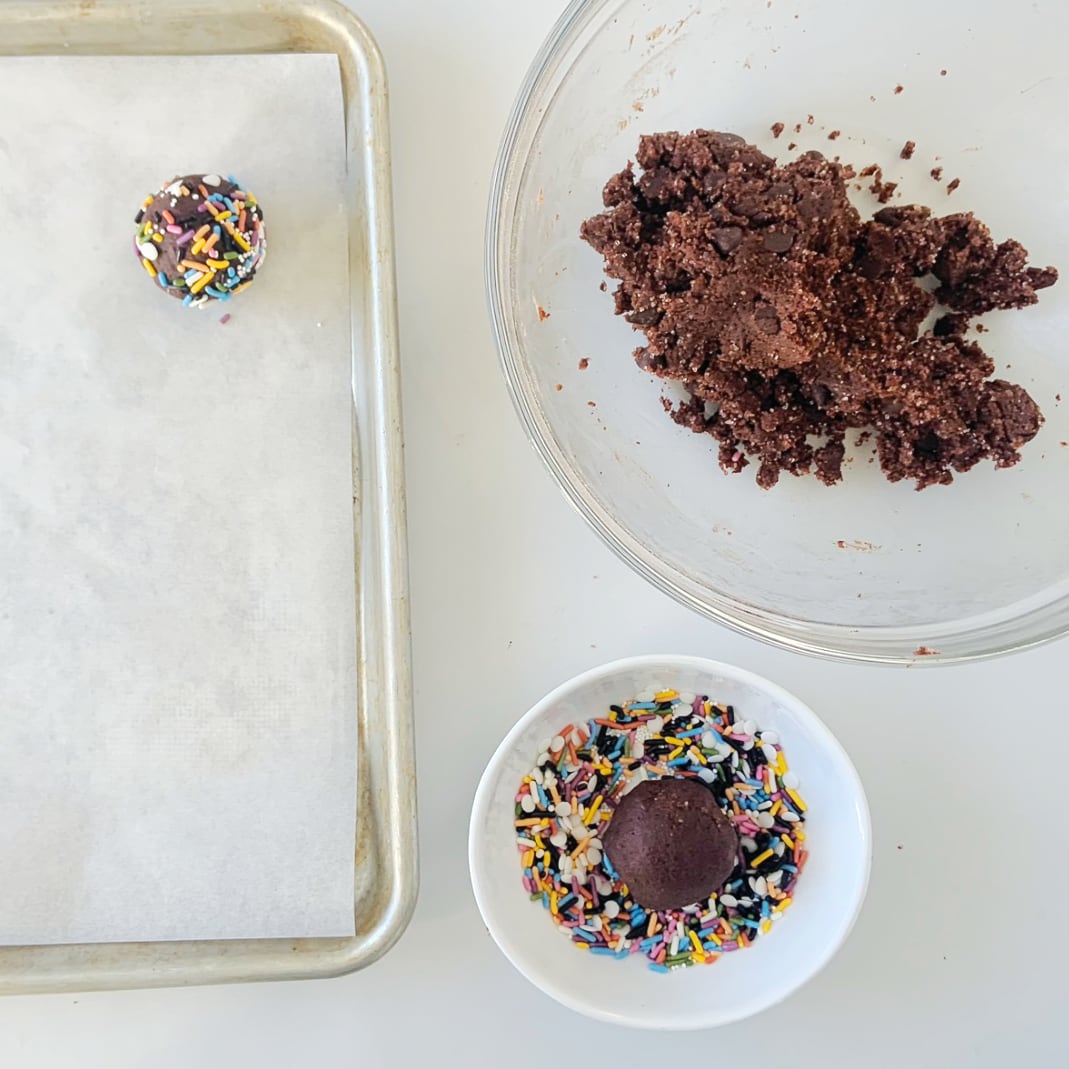 Chocolate cookie dough in rainbow sprinkles