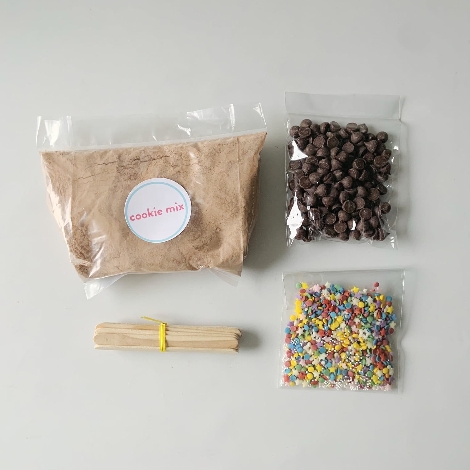 Baking kit supplies for chocolate chip sprinkle cookie pops